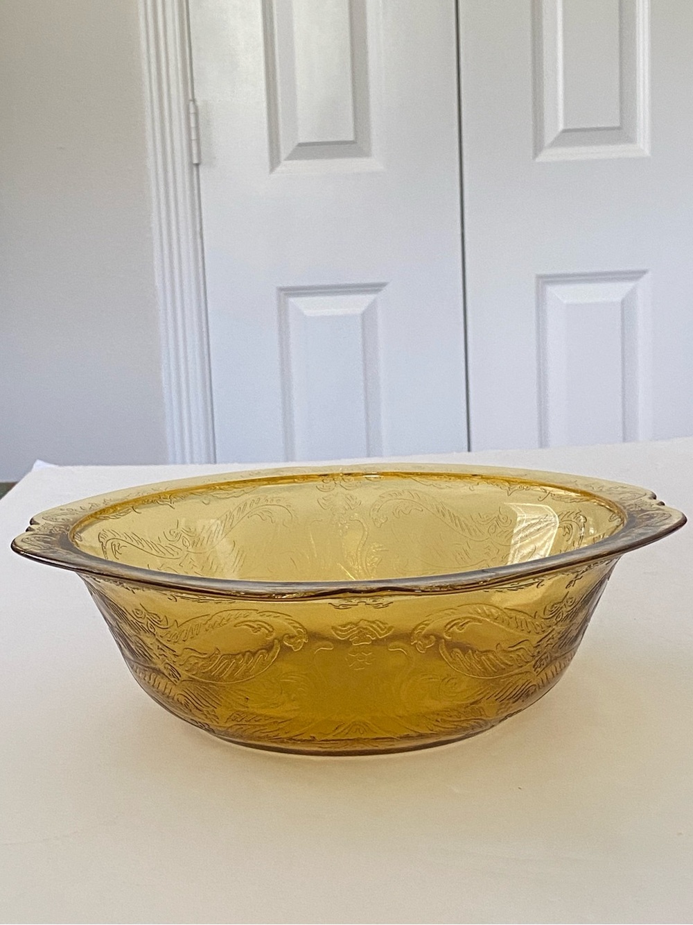 Vintage Federal Depression Glass Amber Floral Madrid Pattern Serving Bowl 10”